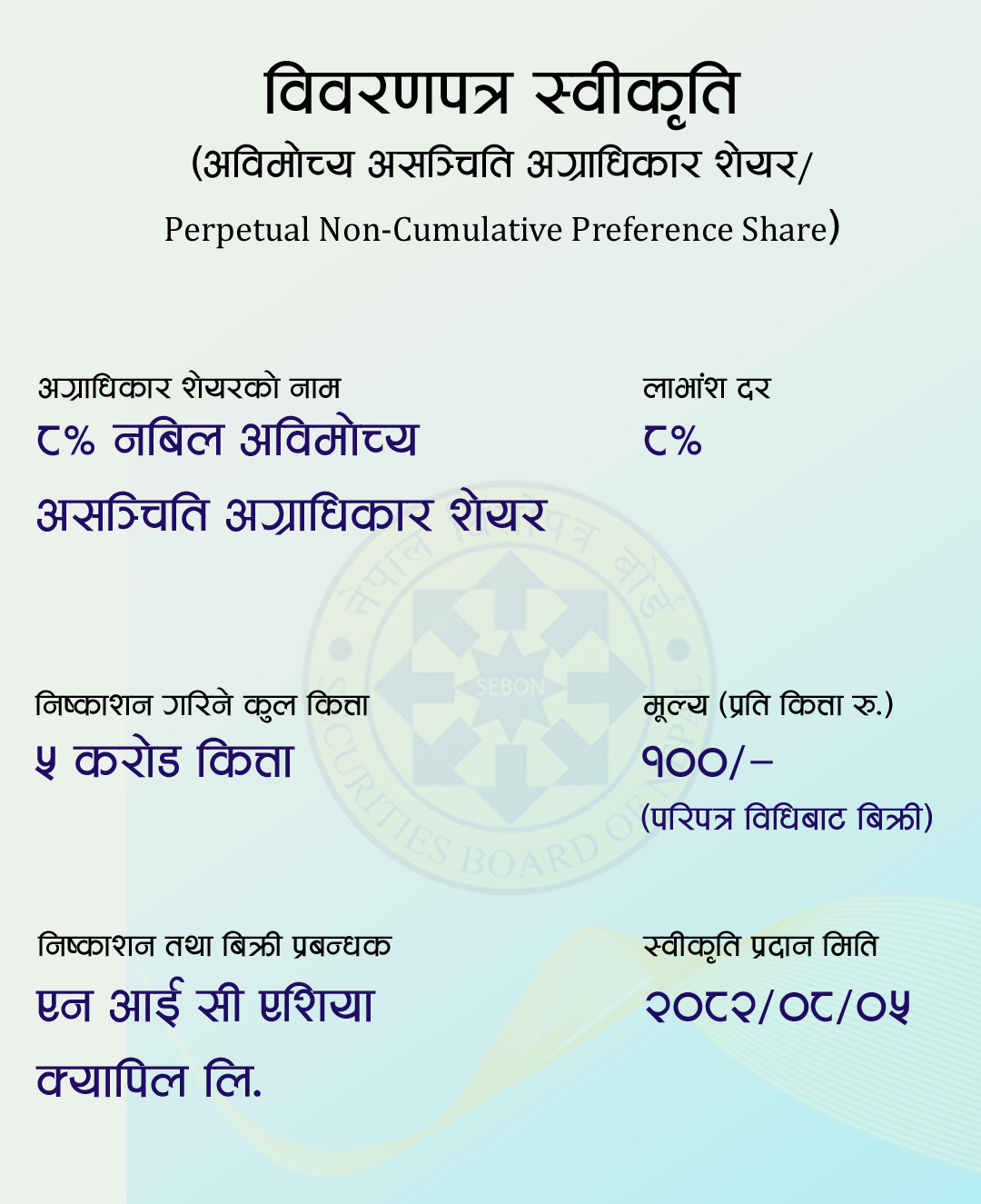 नबिल बैंकलाई पहिलोपटक अविमोच्य असञ्चिति अग्राधिकार शेयर निष्कासन अनुमति