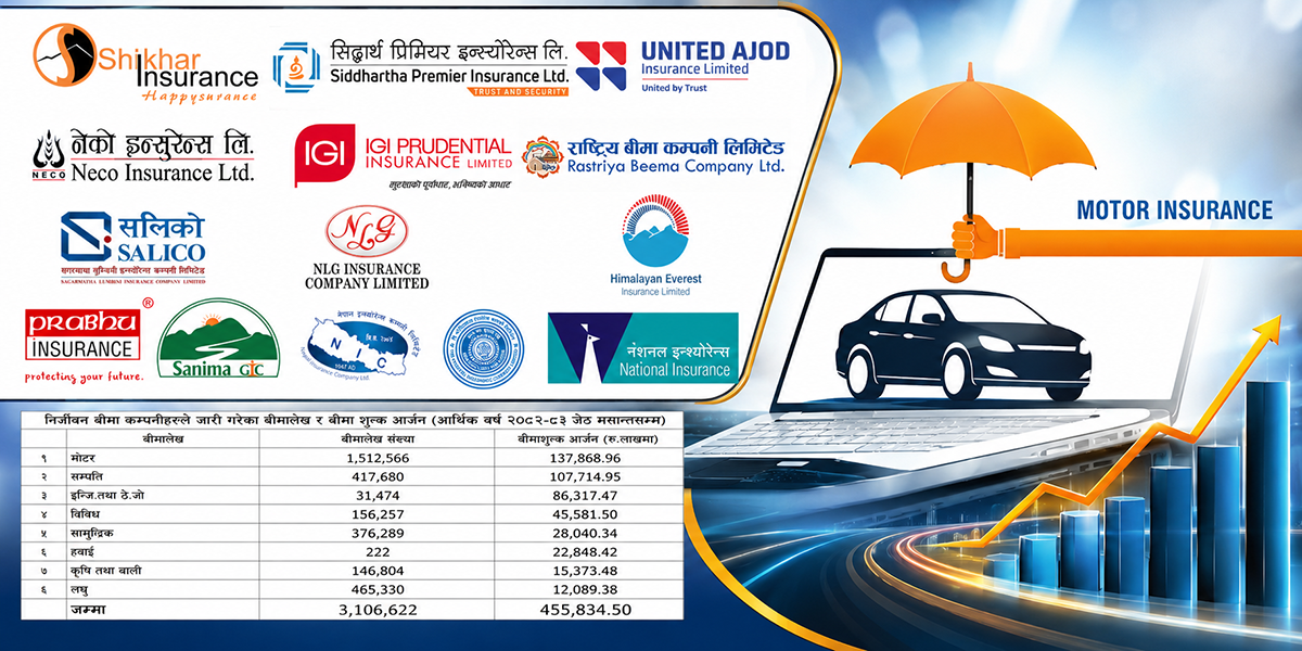 निर्जीवन बीमामा मोटर बीमाको दबदबा, ११ महिनामा १३ अर्ब ७८ करोड रुपैयाँभन्दा बढी बीमाशुल्क संकलन